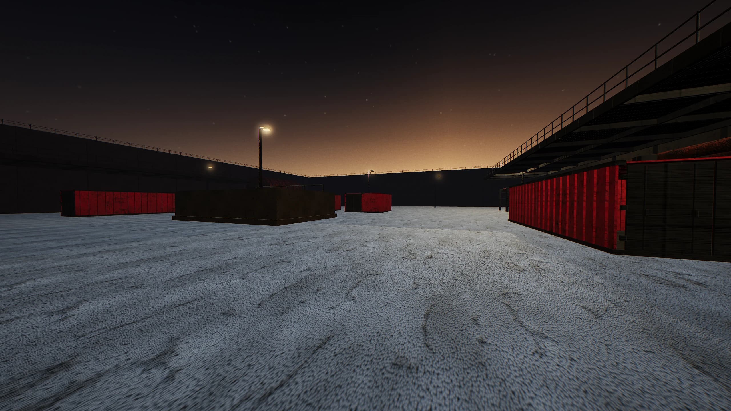 Pushing north off the central hard point. Container colour encodes the contested axis — cyan is Directorate ground — so the lane is legible without a minimap.