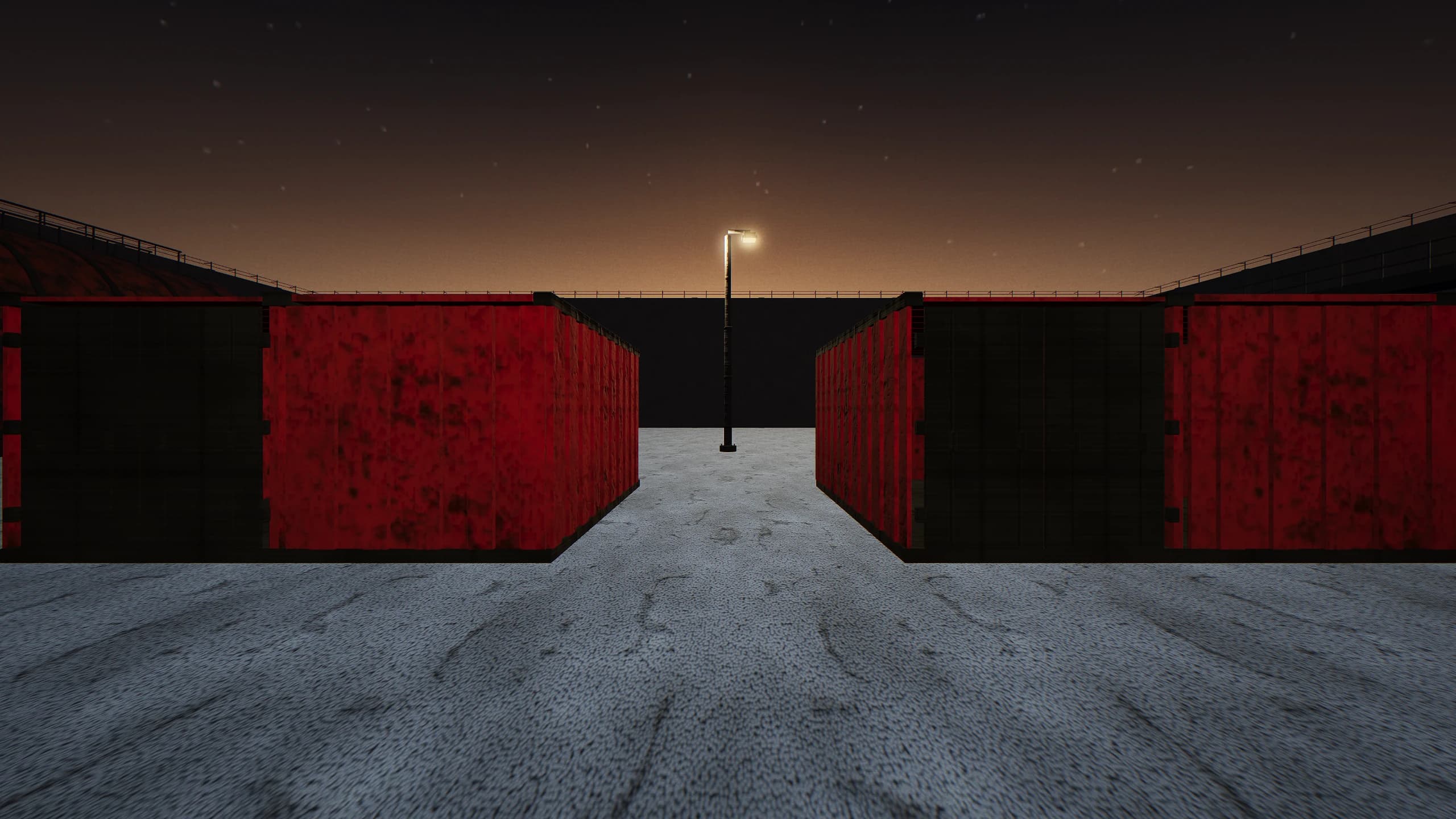 Between the northern container stacks. The corrugation and corner castings are the only cover in the centre lane, and both sides can reach it in the opening seconds.